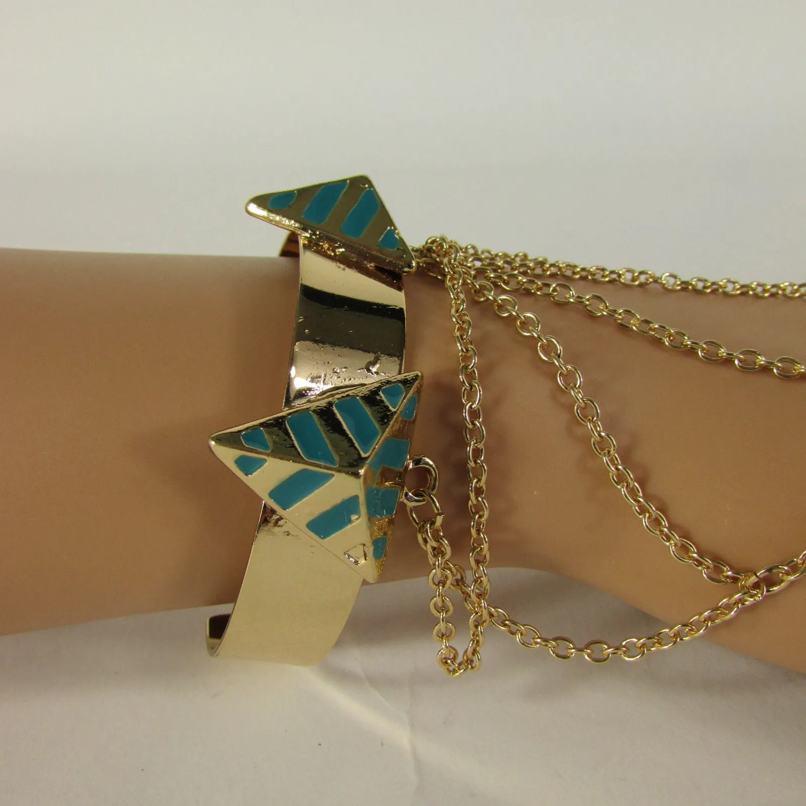 Gold Metal Hand Chain Bracelet Cuff Adjustable Ring Blue Turquoise Blue White Orange Pyramid Style Accessories