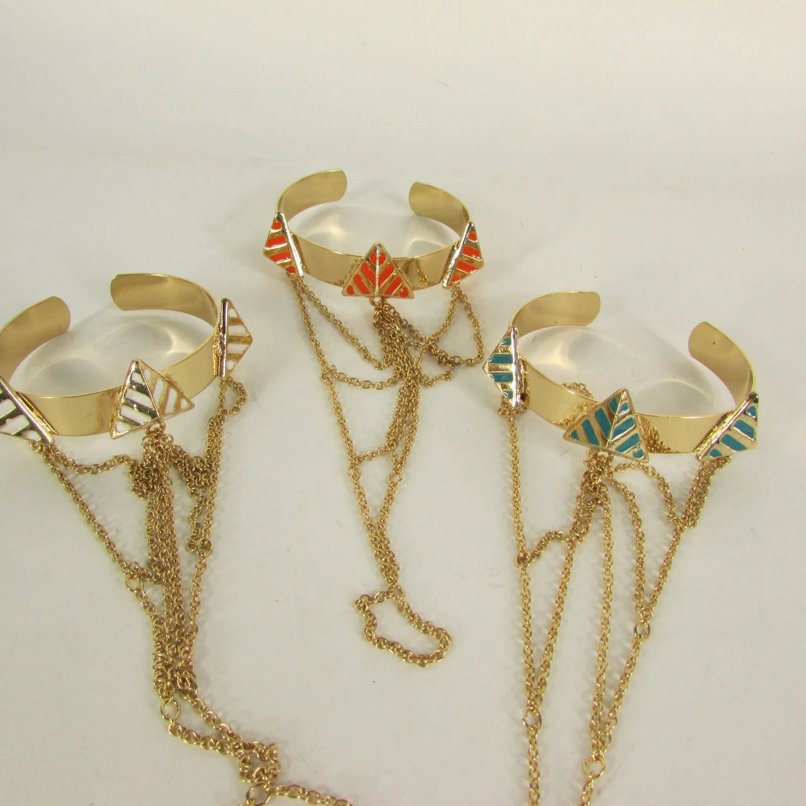 Gold Metal Hand Chain Bracelet Cuff Adjustable Ring Blue Turquoise Blue White Orange Pyramid Style Accessories