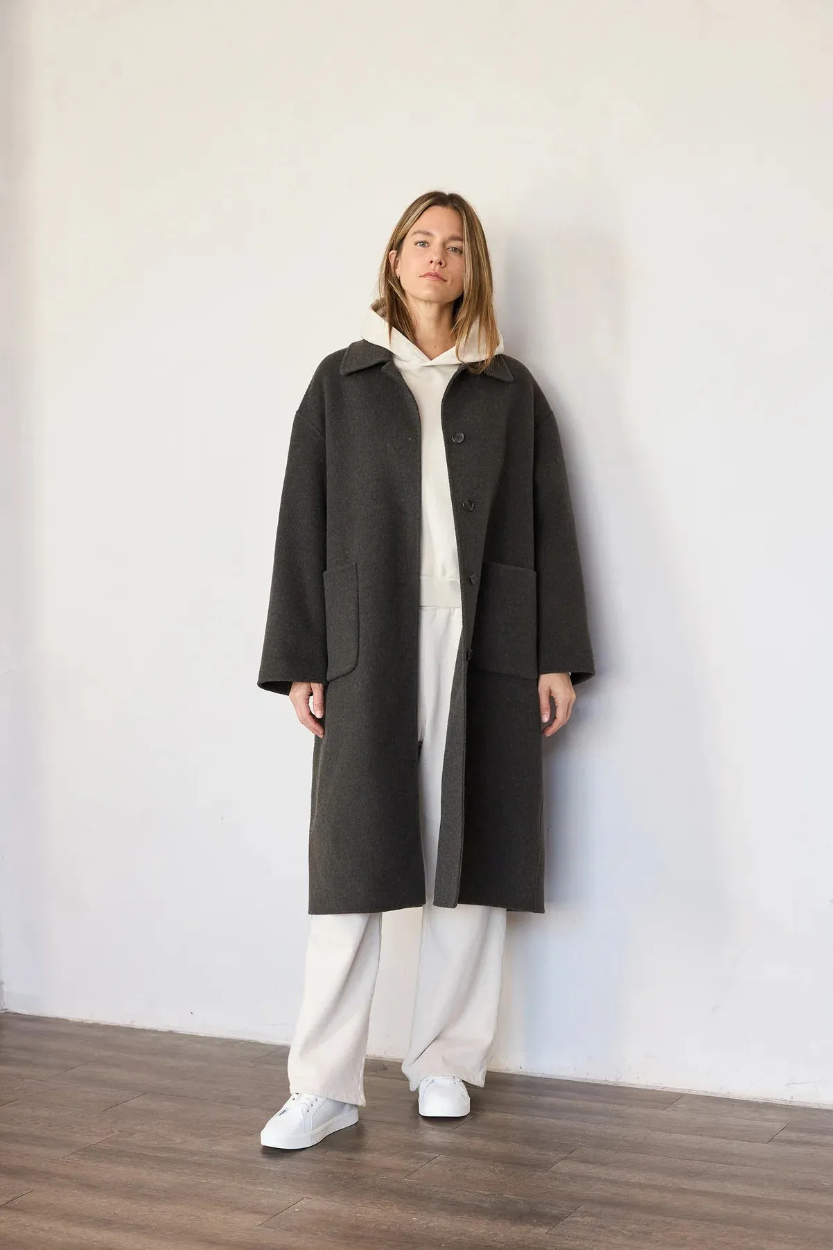 Handmade Wool Maxi Coat in Charcoal Brown