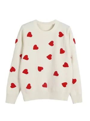 Heart Embroidery Women's O-Neck Sweater