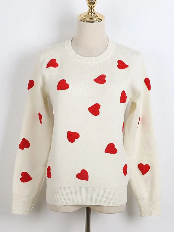 Heart Embroidery Women's O-Neck Sweater