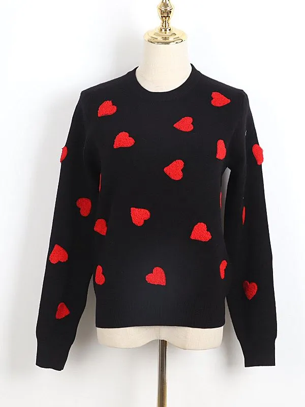 Heart Embroidery Women's O-Neck Sweater