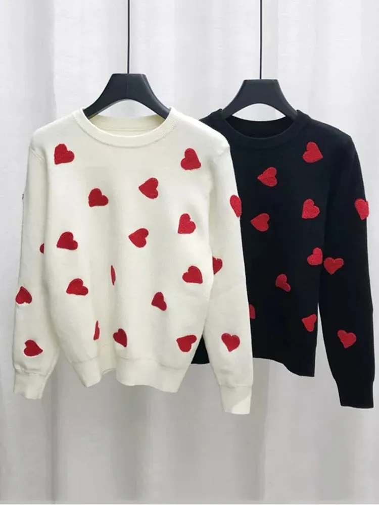 Heart Embroidery Women's O-Neck Sweater