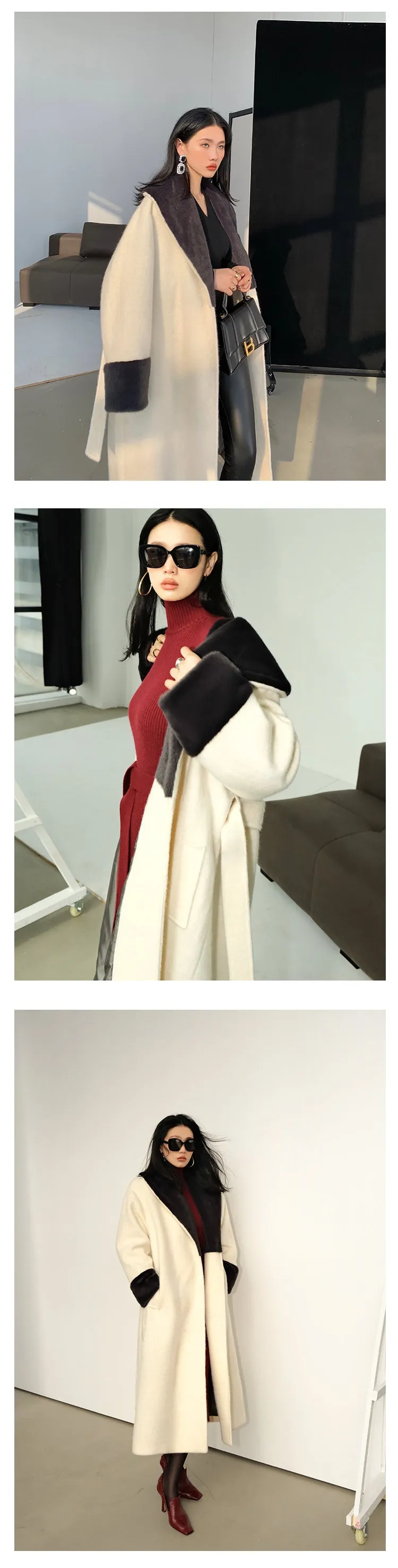 High end Contrast color large lapel bathrobe-style long coat loose winter spring woolen coat - Gulla