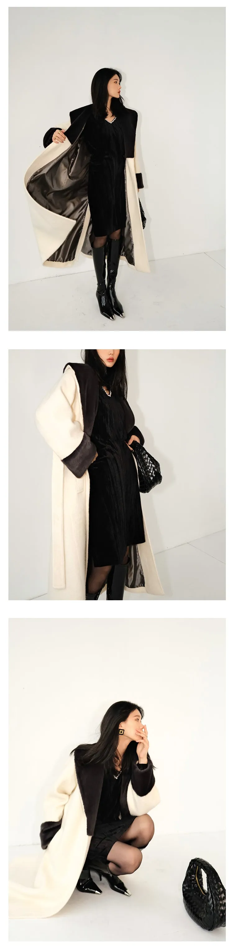 High end Contrast color large lapel bathrobe-style long coat loose winter spring woolen coat - Gulla