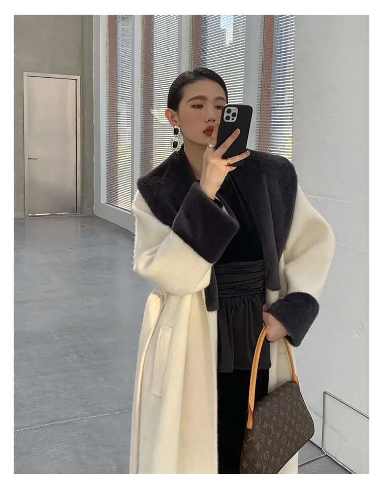 High end Contrast color large lapel bathrobe-style long coat loose winter spring woolen coat - Gulla