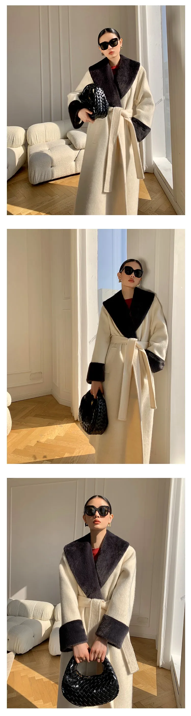 High end Contrast color large lapel bathrobe-style long coat loose winter spring woolen coat - Gulla