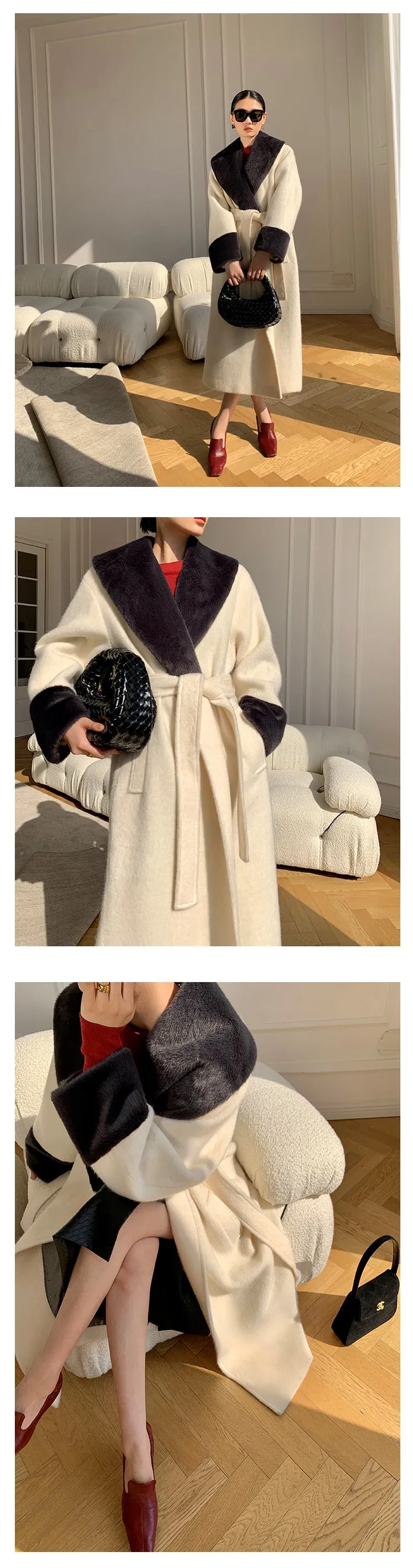 High end Contrast color large lapel bathrobe-style long coat loose winter spring woolen coat - Gulla