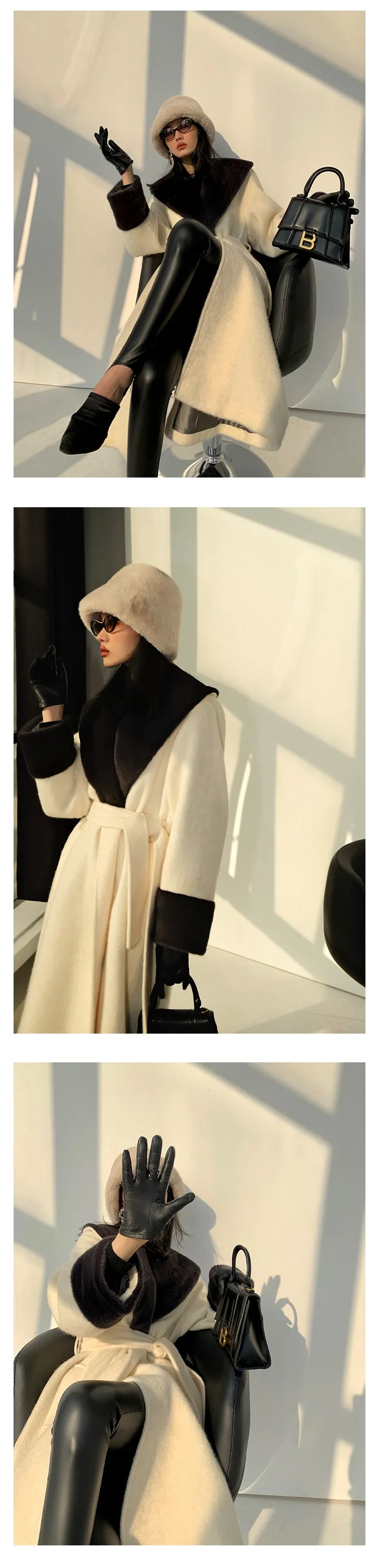 High end Contrast color large lapel bathrobe-style long coat loose winter spring woolen coat - Gulla