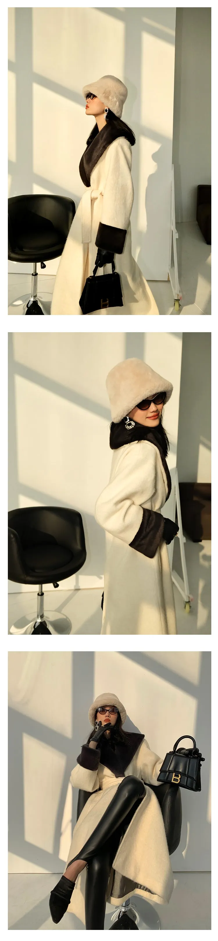 High end Contrast color large lapel bathrobe-style long coat loose winter spring woolen coat - Gulla