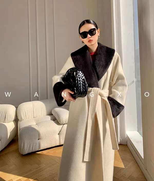 High end Contrast color large lapel bathrobe-style long coat loose winter spring woolen coat - Gulla