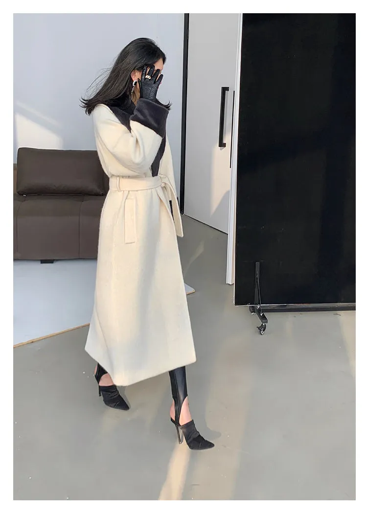 High end Contrast color large lapel bathrobe-style long coat loose winter spring woolen coat - Gulla