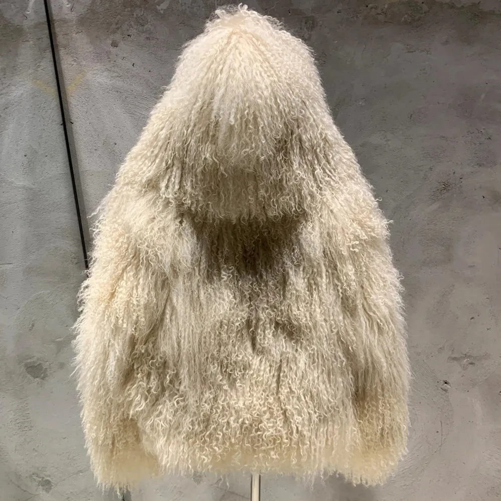 Hooded Mongolian Curly Fur Relaxed Jacket