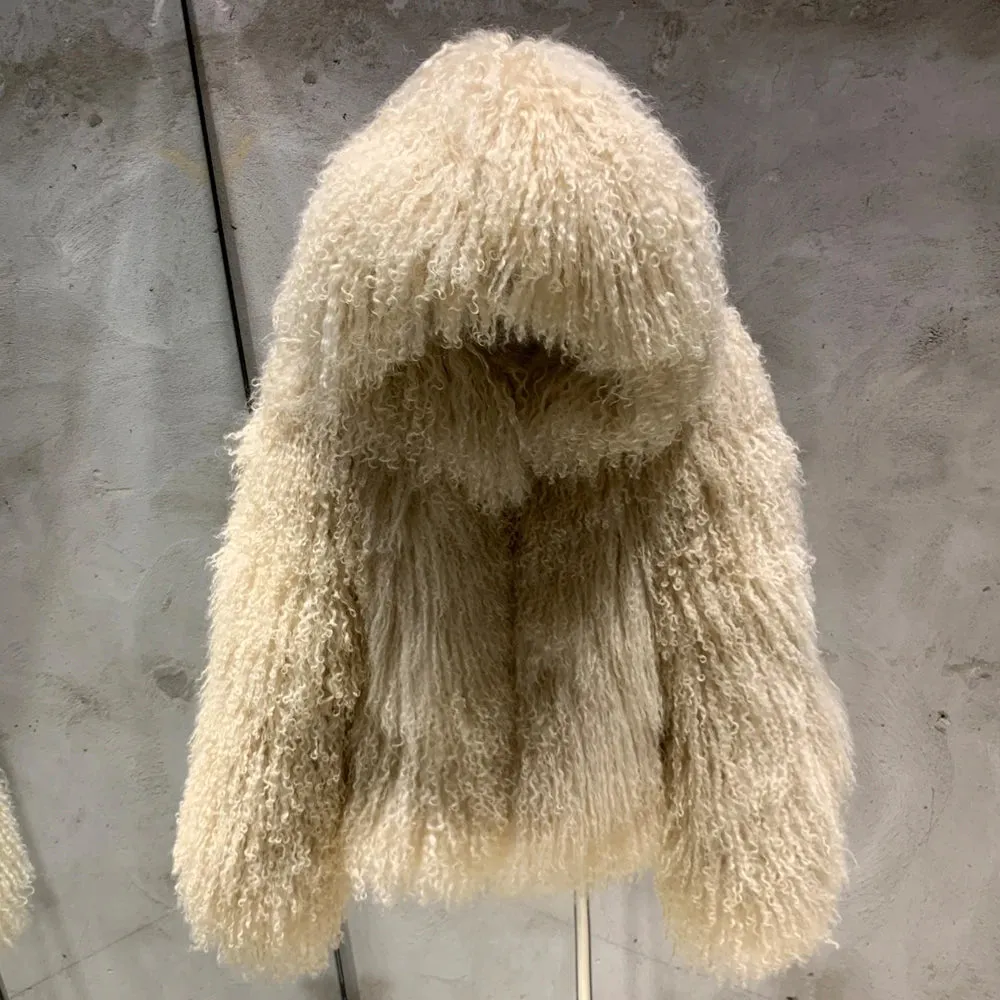 Hooded Mongolian Curly Fur Relaxed Jacket