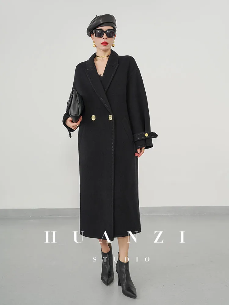 Huanzi tailoring couture minimalist double-sided cashmere wool tweed mid-length coat - Gaue