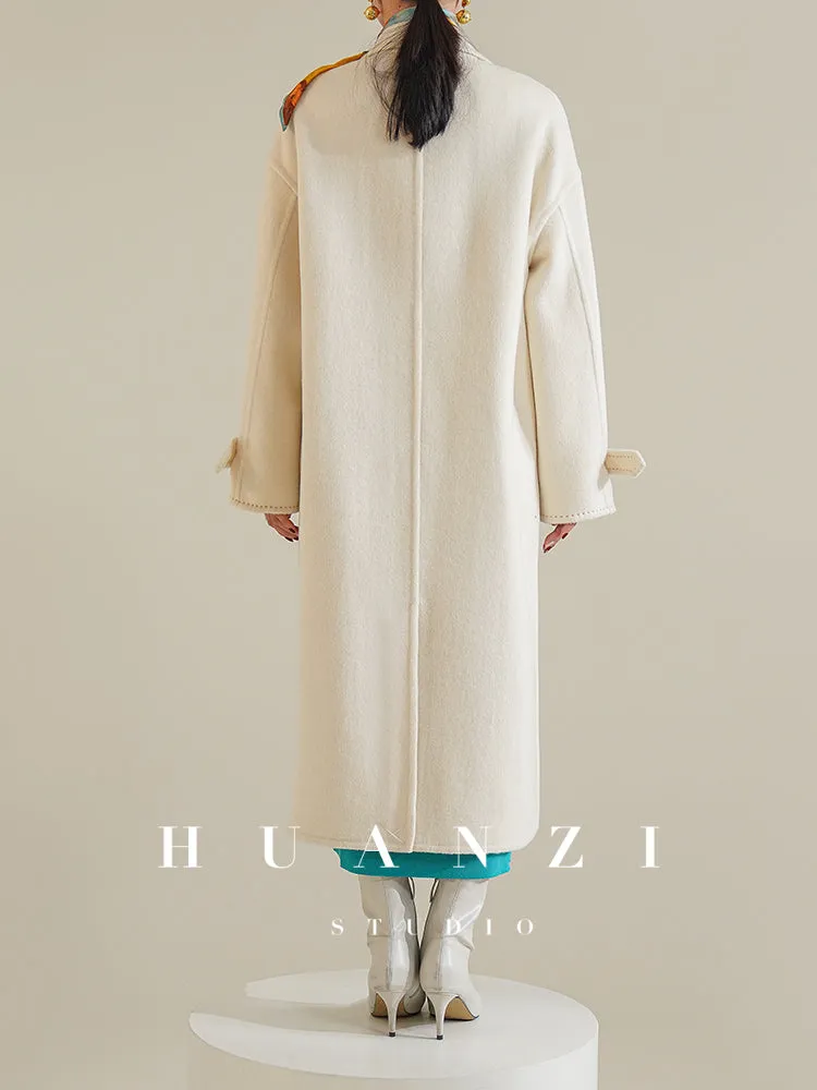 Huanzi tailoring couture minimalist double-sided cashmere wool tweed mid-length coat - Gaue