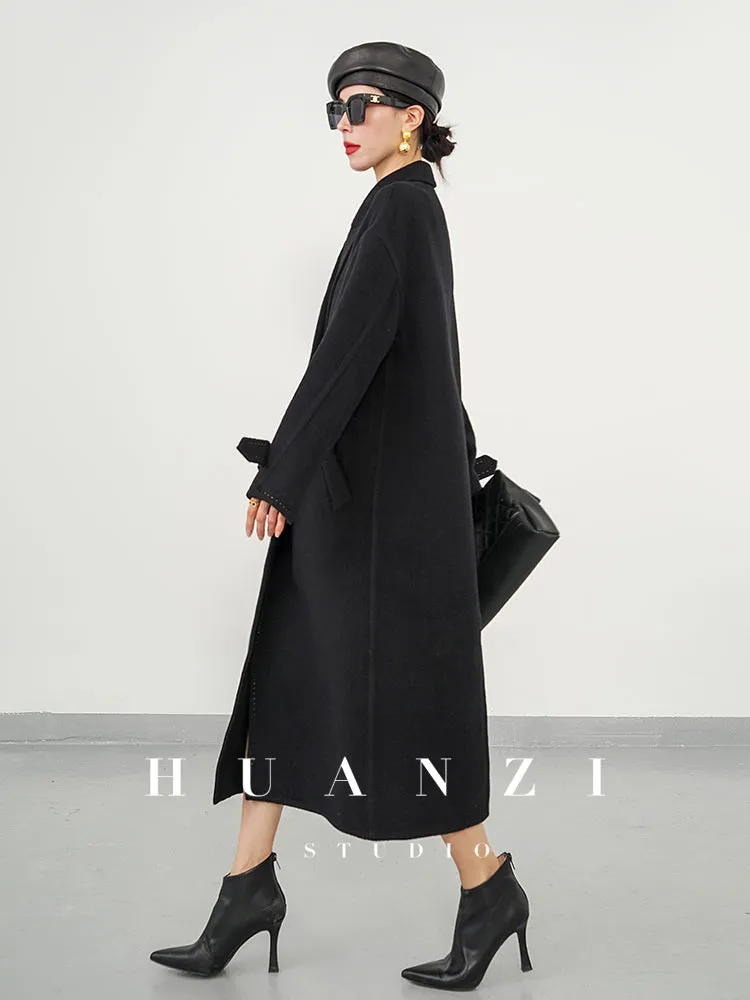 Huanzi tailoring couture minimalist double-sided cashmere wool tweed mid-length coat - Gaue