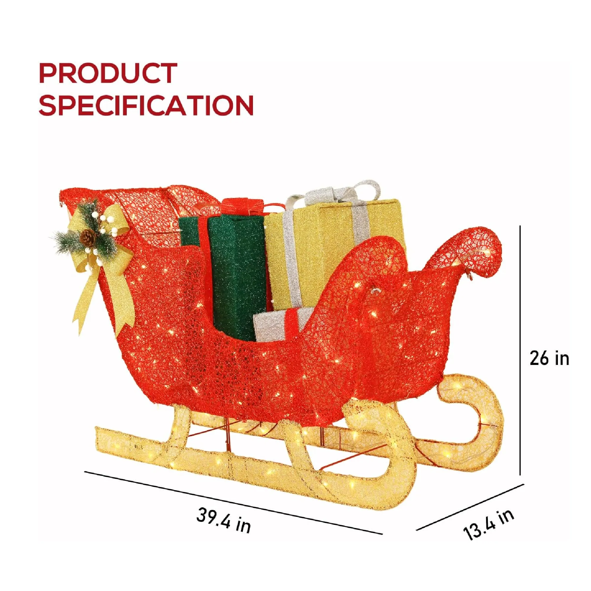 Hykolity 3FT 3D Genuine Lighted Christmas Sleigh, Outdoor Christmas Sleigh & Gift Boxes Yard Decorations