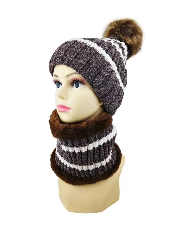 Ladies Fur Lining Beanie Hat with Circle Scarf Set Wholesale