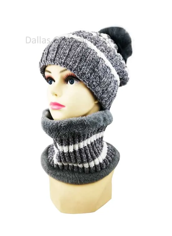 Ladies Fur Lining Beanie Hat with Circle Scarf Set Wholesale