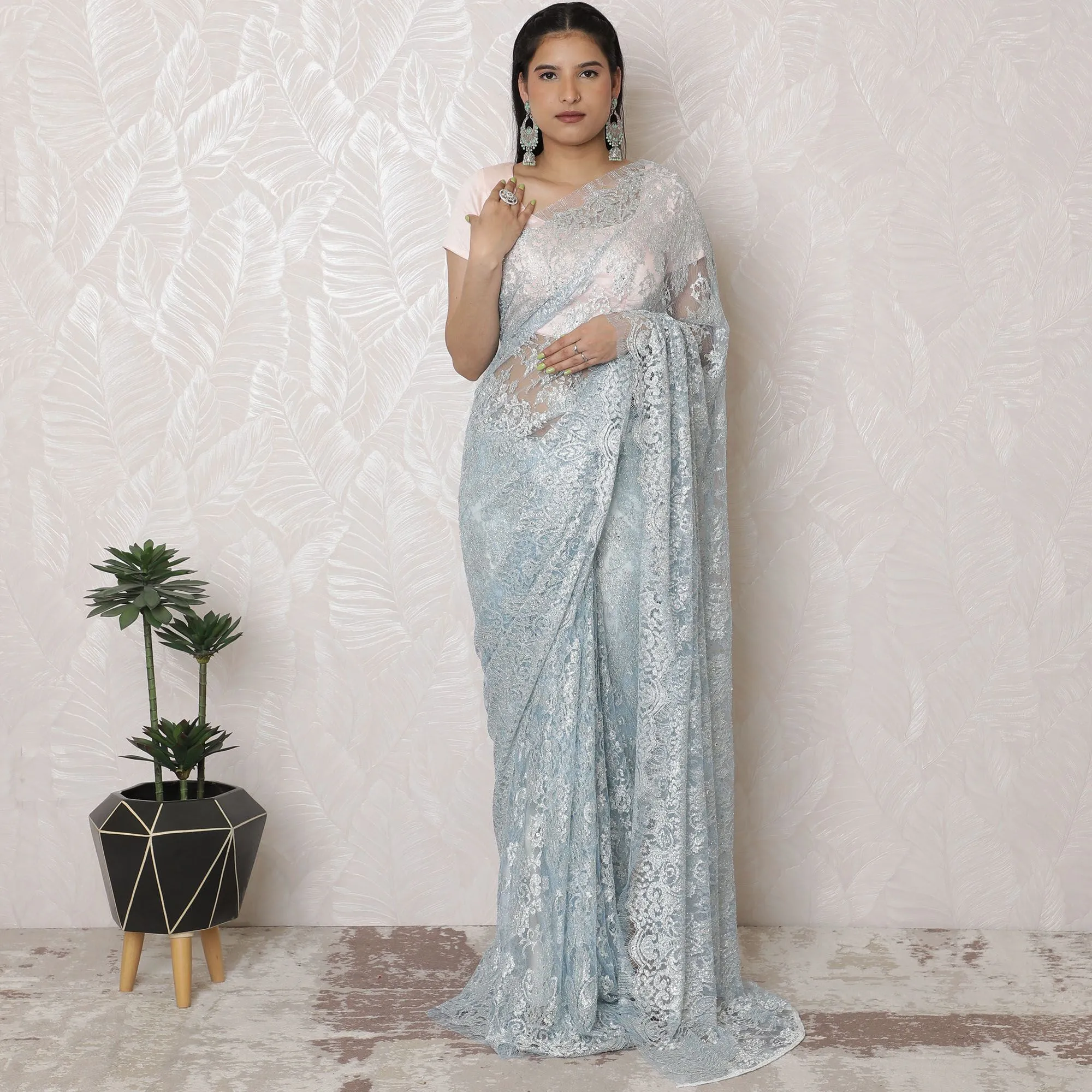 Luxurious Silver Metallic Lace Powder Blue Saree with Stonework, French Craftsmanship, 110cm Width, 5.5m Length â€“ Blouse Not Included-D17865