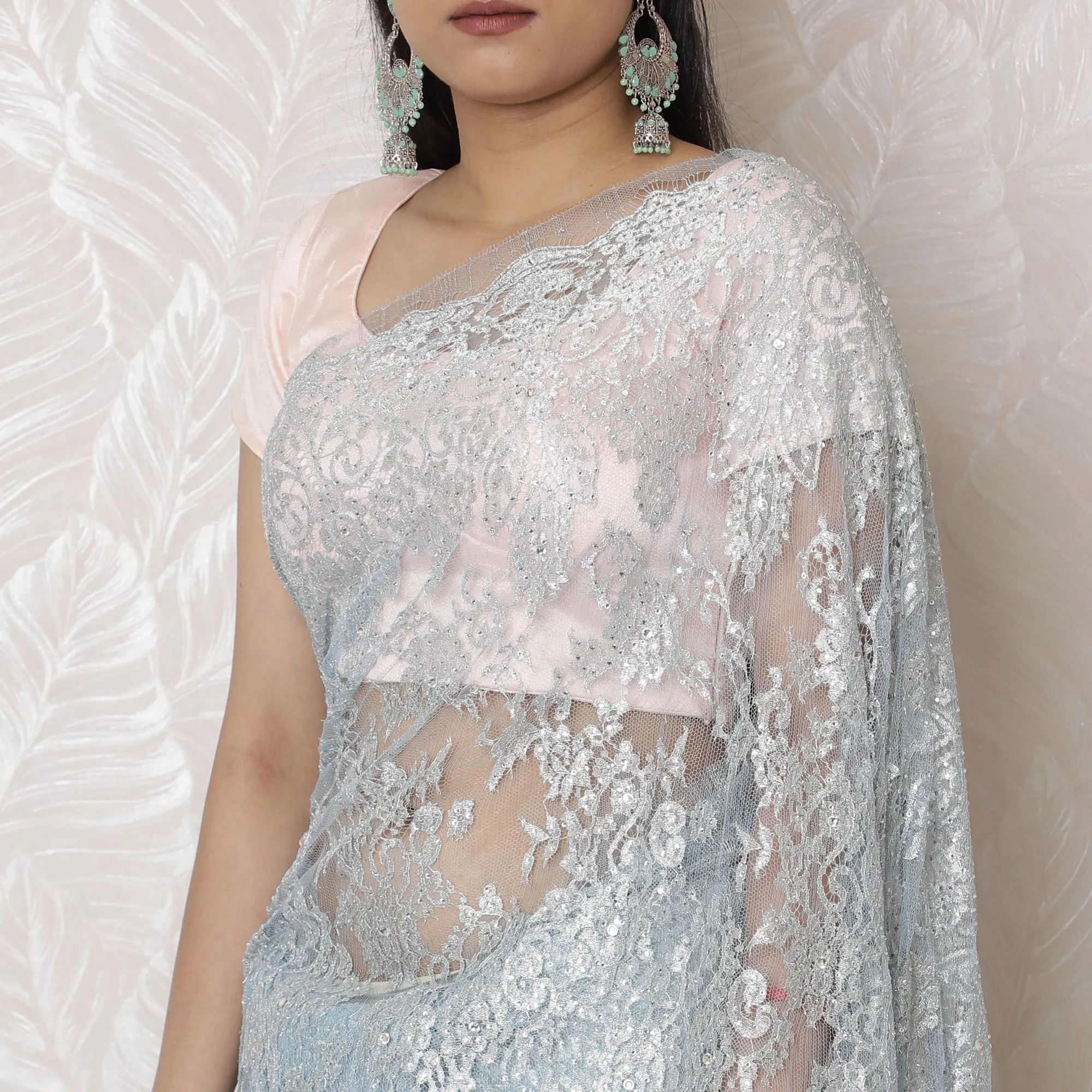 Luxurious Silver Metallic Lace Powder Blue Saree with Stonework, French Craftsmanship, 110cm Width, 5.5m Length â€“ Blouse Not Included-D17865