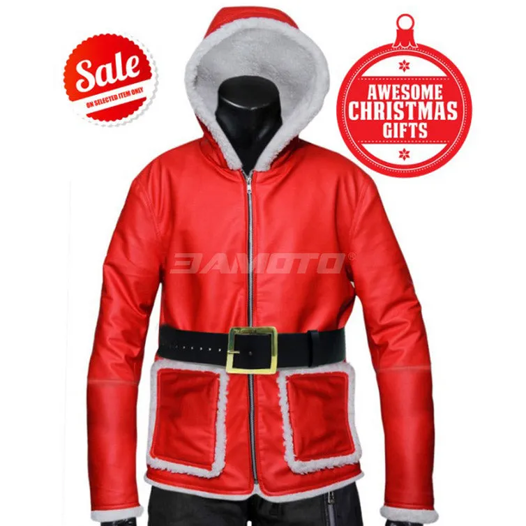 Men's Santa Claus Winter Christmas Hooded Fur Lined Red Leather Coat