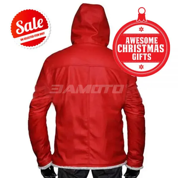 Men's Santa Claus Winter Christmas Hooded Fur Lined Red Leather Coat