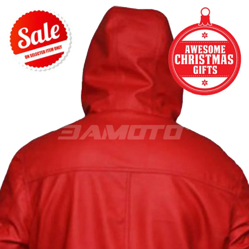 Men's Santa Claus Winter Christmas Hooded Fur Lined Red Leather Coat