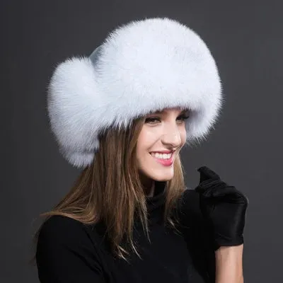 Natural Thick Warm Ears Fashion Bomber Pom Pom Hat Real Fox Fur Cap