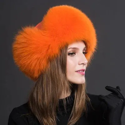 Natural Thick Warm Ears Fashion Bomber Pom Pom Hat Real Fox Fur Cap