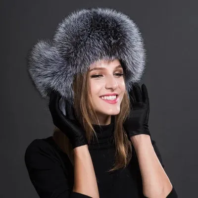 Natural Thick Warm Ears Fashion Bomber Pom Pom Hat Real Fox Fur Cap