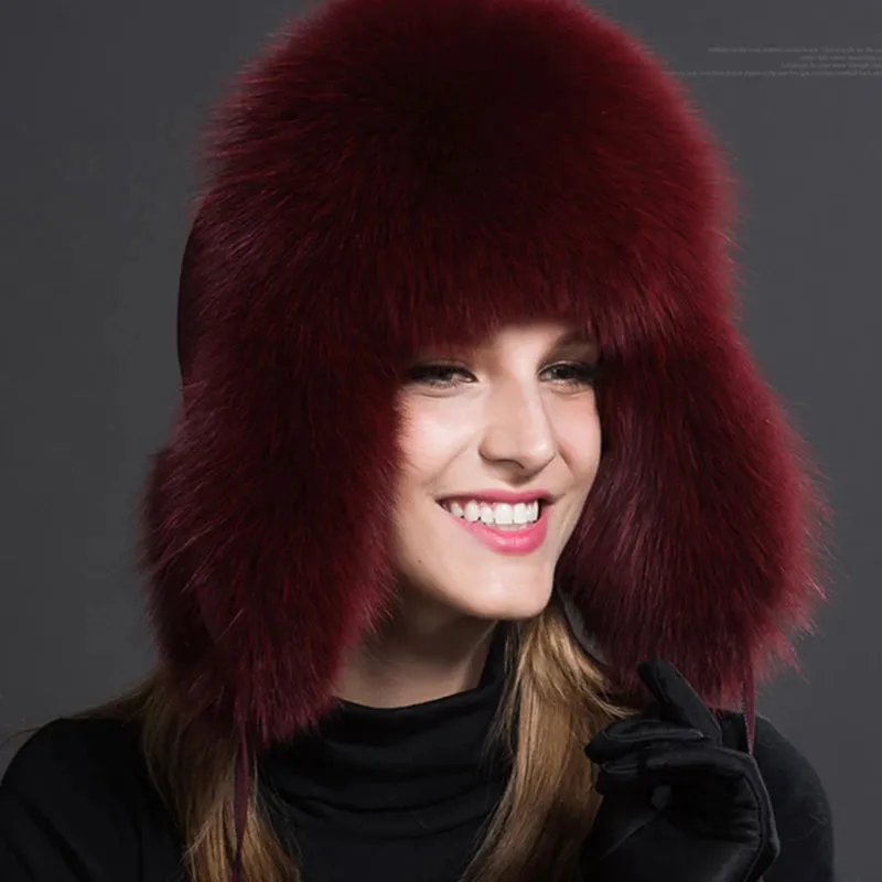 Natural Thick Warm Ears Fashion Bomber Pom Pom Hat Real Fox Fur Cap