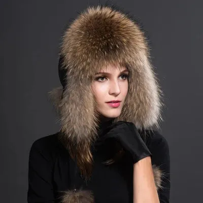 Natural Thick Warm Ears Fashion Bomber Pom Pom Hat Real Fox Fur Cap