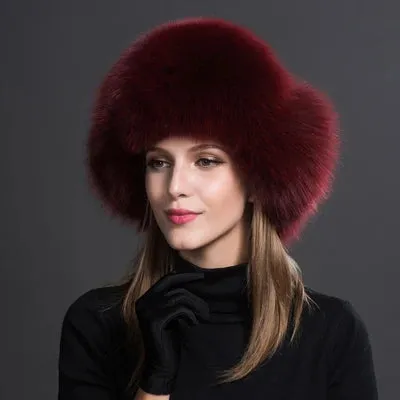 Natural Thick Warm Ears Fashion Bomber Pom Pom Hat Real Fox Fur Cap