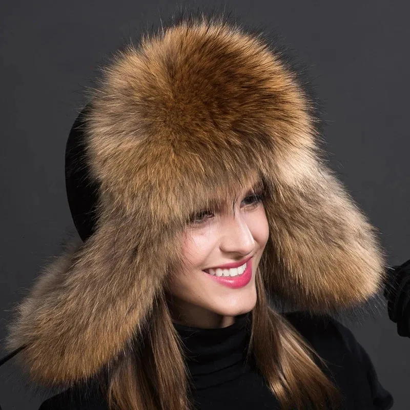 Natural Thick Warm Ears Fashion Bomber Pom Pom Hat Real Fox Fur Cap