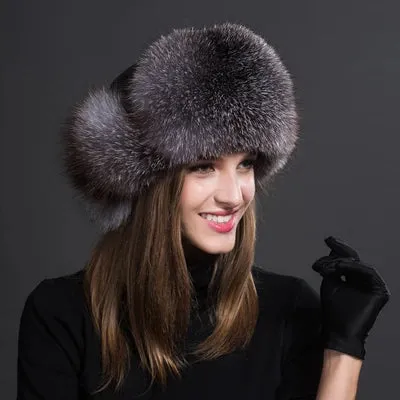 Natural Thick Warm Ears Fashion Bomber Pom Pom Hat Real Fox Fur Cap