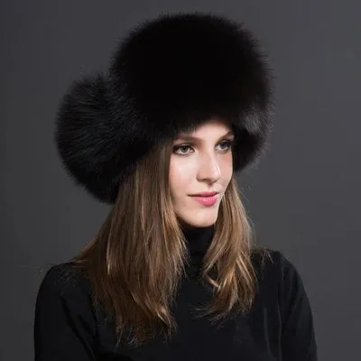 Natural Thick Warm Ears Fashion Bomber Pom Pom Hat Real Fox Fur Cap