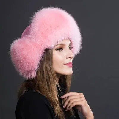 Natural Thick Warm Ears Fashion Bomber Pom Pom Hat Real Fox Fur Cap