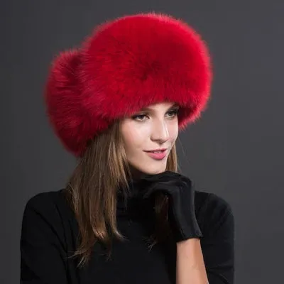 Natural Thick Warm Ears Fashion Bomber Pom Pom Hat Real Fox Fur Cap