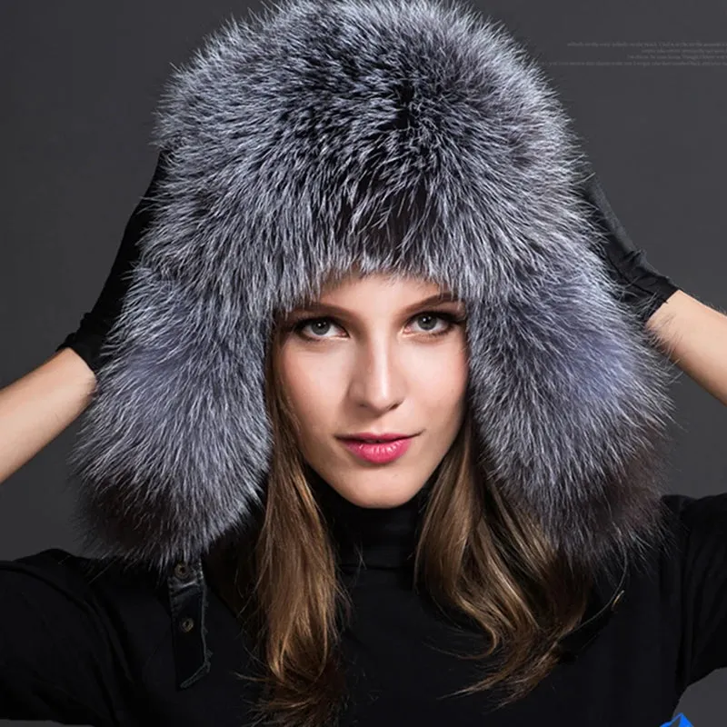 Natural Thick Warm Ears Fashion Bomber Pom Pom Hat Real Fox Fur Cap