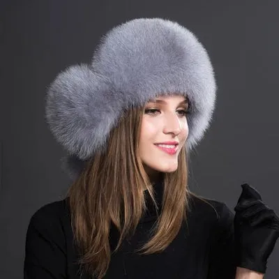 Natural Thick Warm Ears Fashion Bomber Pom Pom Hat Real Fox Fur Cap