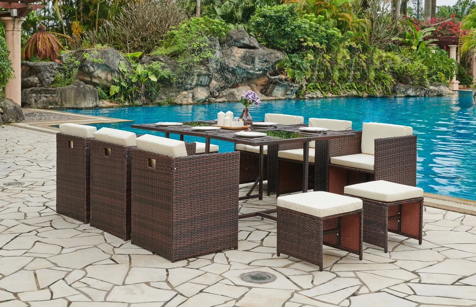 Rattan Garden Furniture Outdoor 11 Piece Cube Set Conservatory Patio Dining, Dark Brown