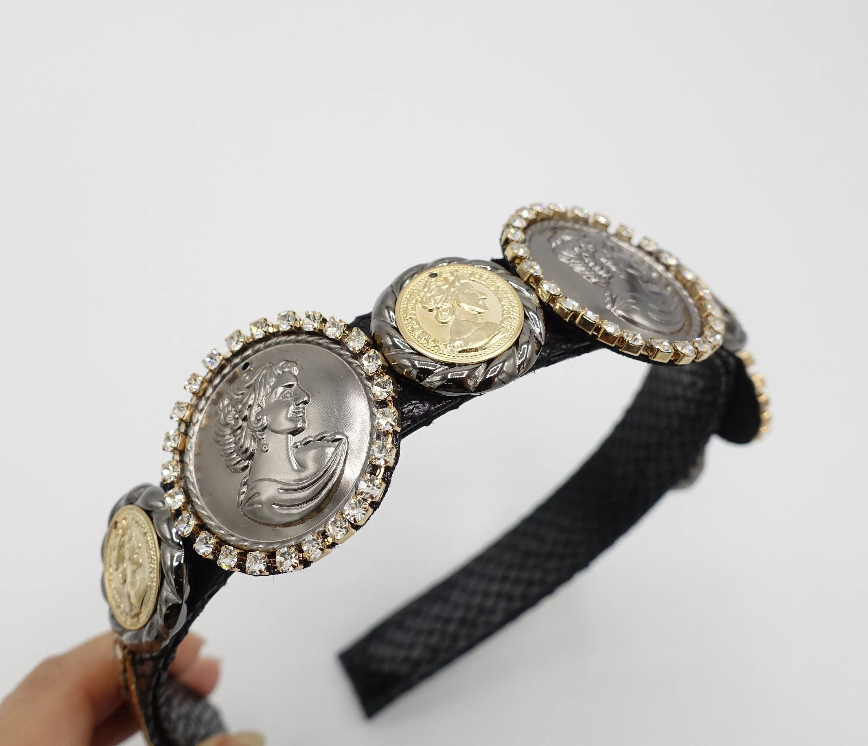 rhinestone embellished coin headband leather hairband for women