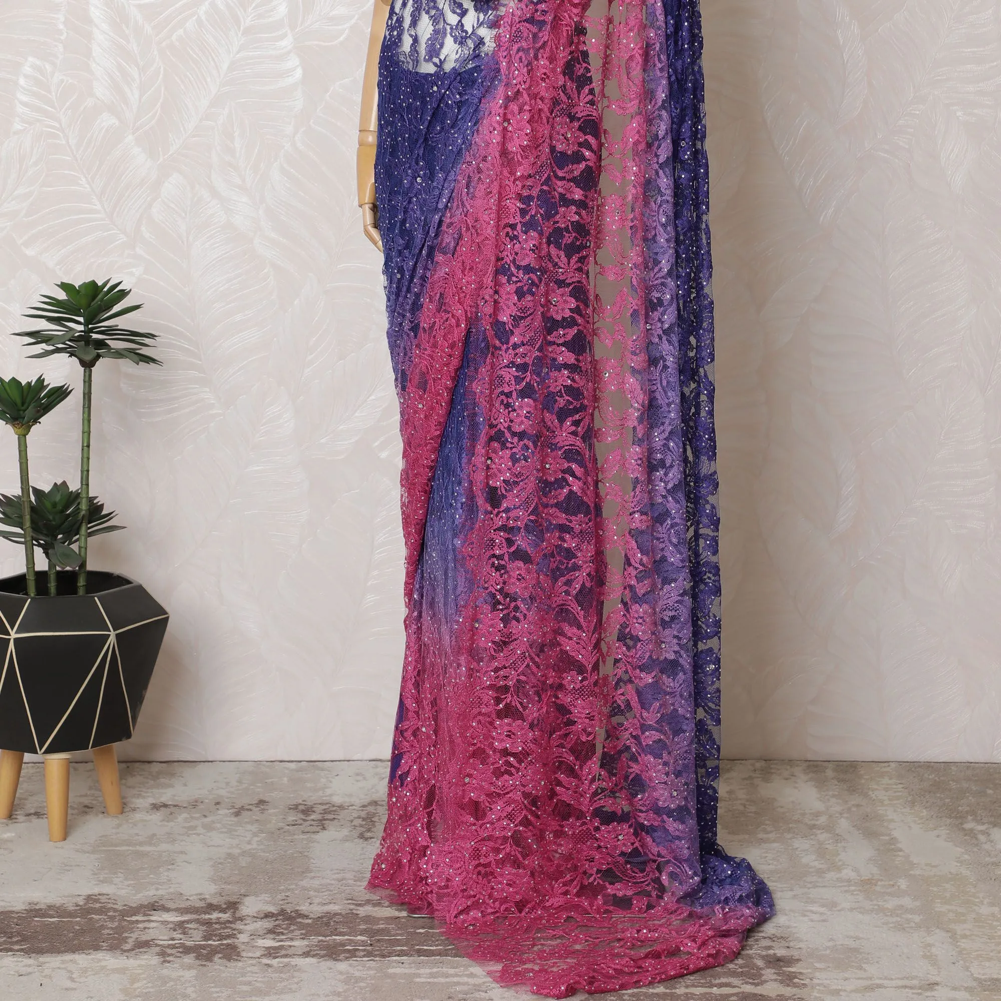 Royal Ombre French Chantilly Lace Saree in Sapphire and Fuchsia with Stone Work, 110cm Wide - 5.5m Piece-D18847