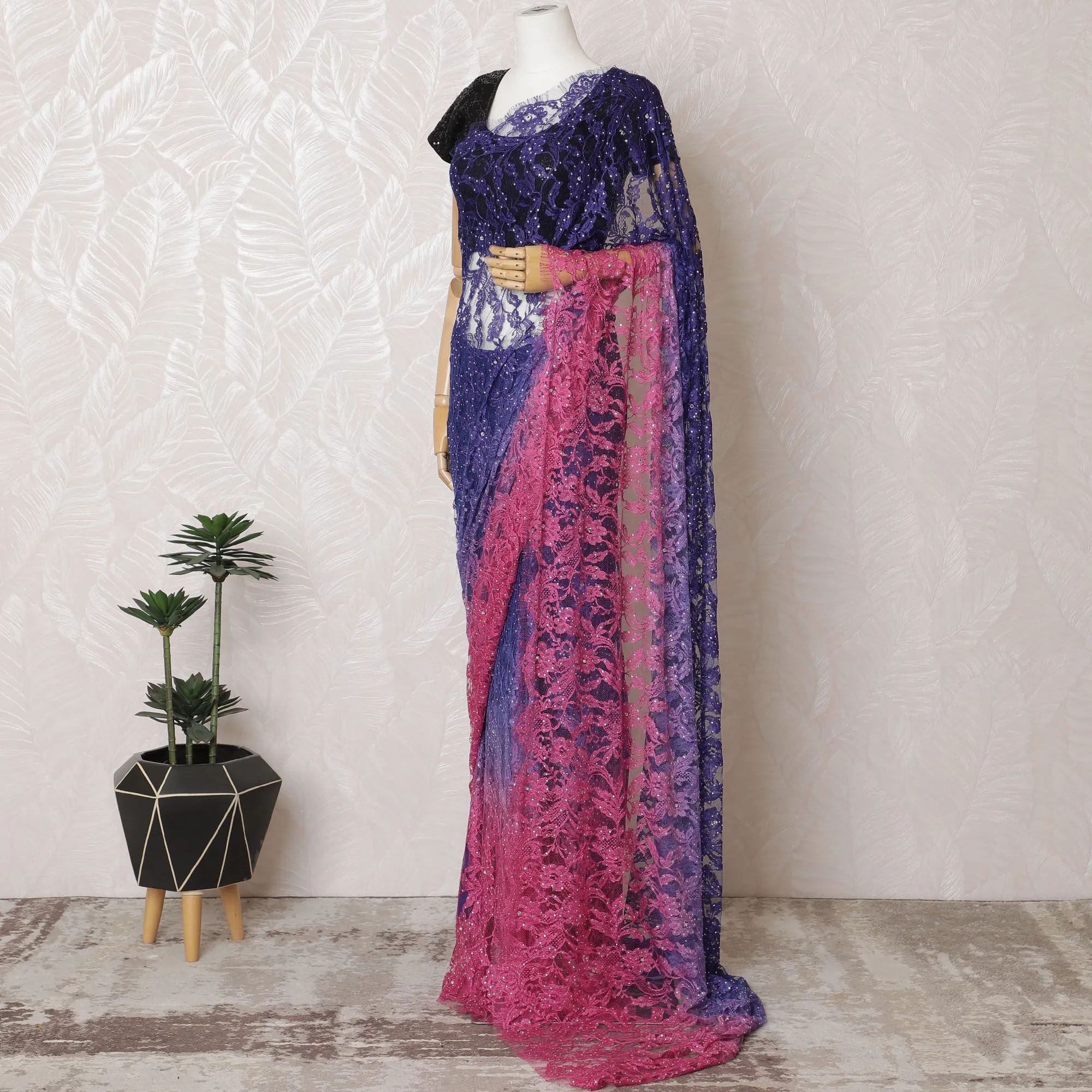 Royal Ombre French Chantilly Lace Saree in Sapphire and Fuchsia with Stone Work, 110cm Wide - 5.5m Piece-D18847