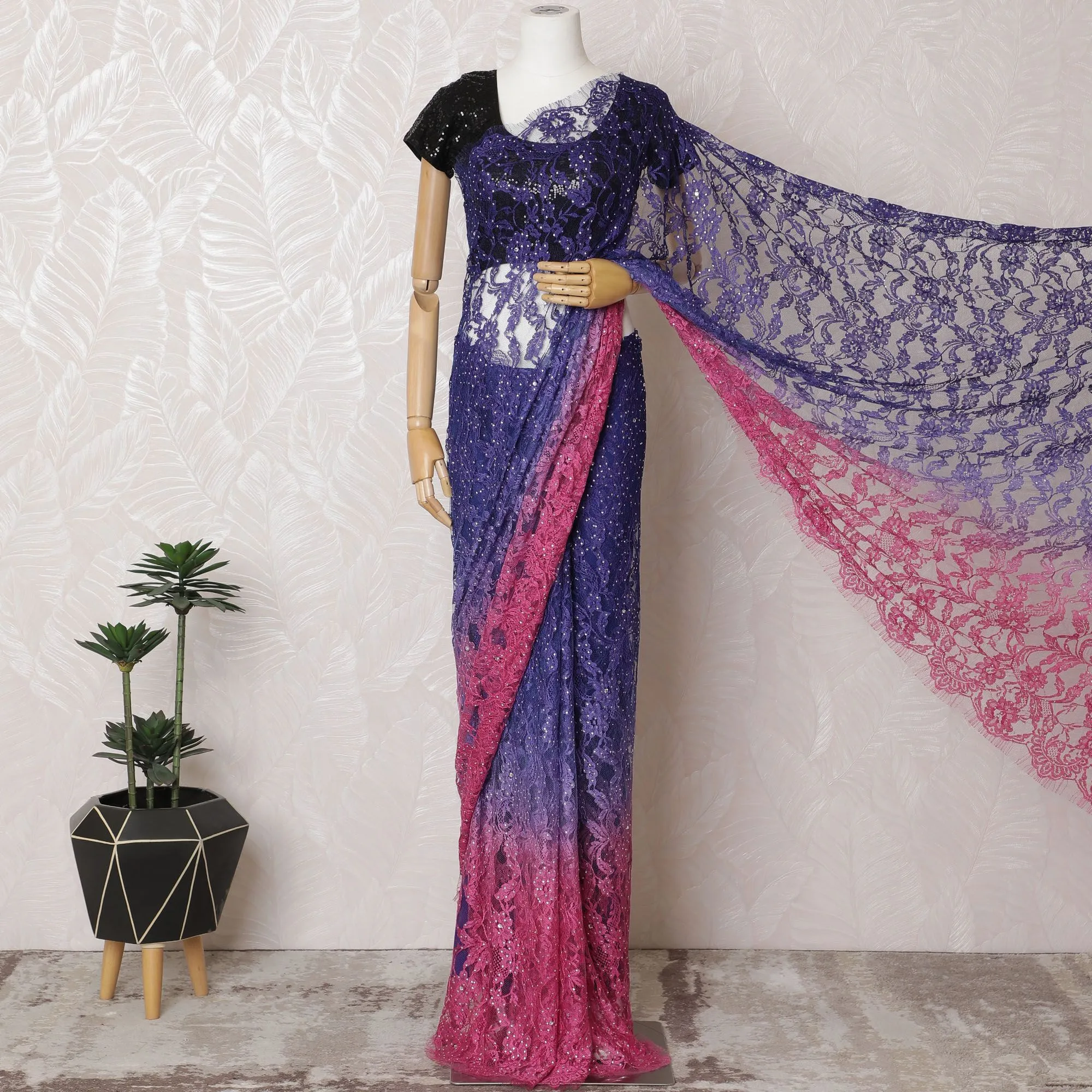 Royal Ombre French Chantilly Lace Saree in Sapphire and Fuchsia with Stone Work, 110cm Wide - 5.5m Piece-D18847