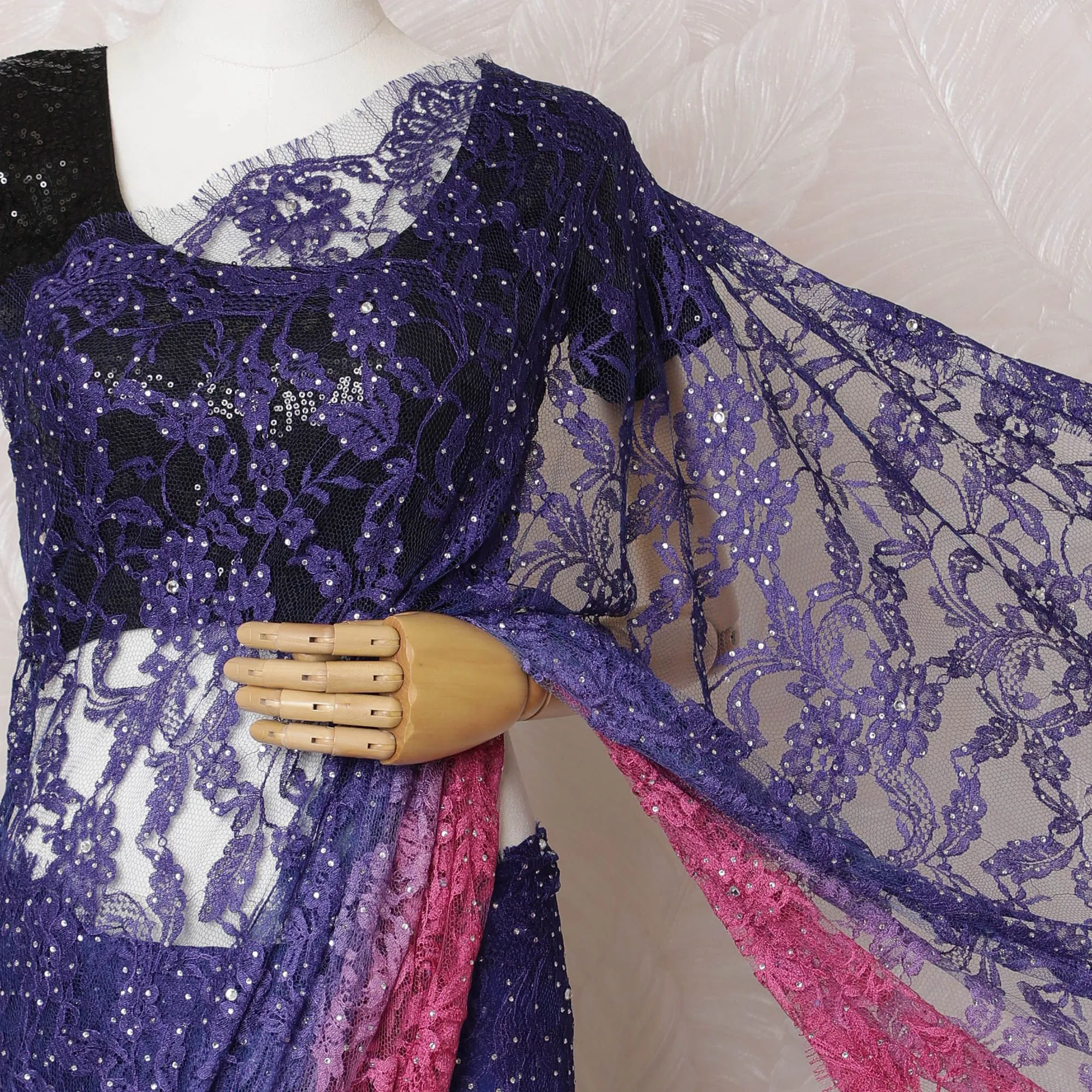 Royal Ombre French Chantilly Lace Saree in Sapphire and Fuchsia with Stone Work, 110cm Wide - 5.5m Piece-D18847