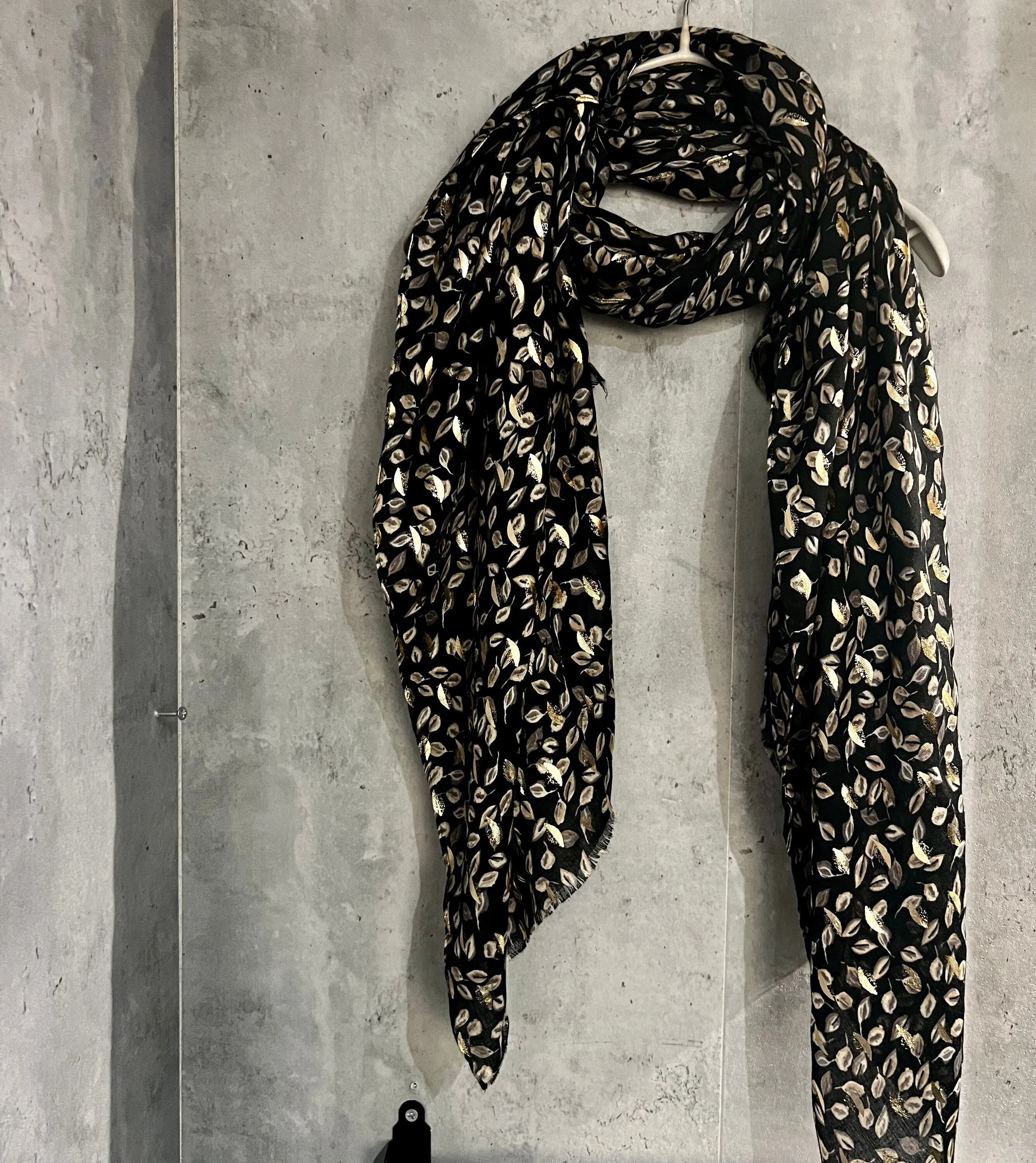 Seamless Small leaf’s With Gold Foil Black Cotton Scarf/Summer Autumn Winter Scarf/Gifts For Mum/Gifts For Her Birthday Christmas/UK Seller