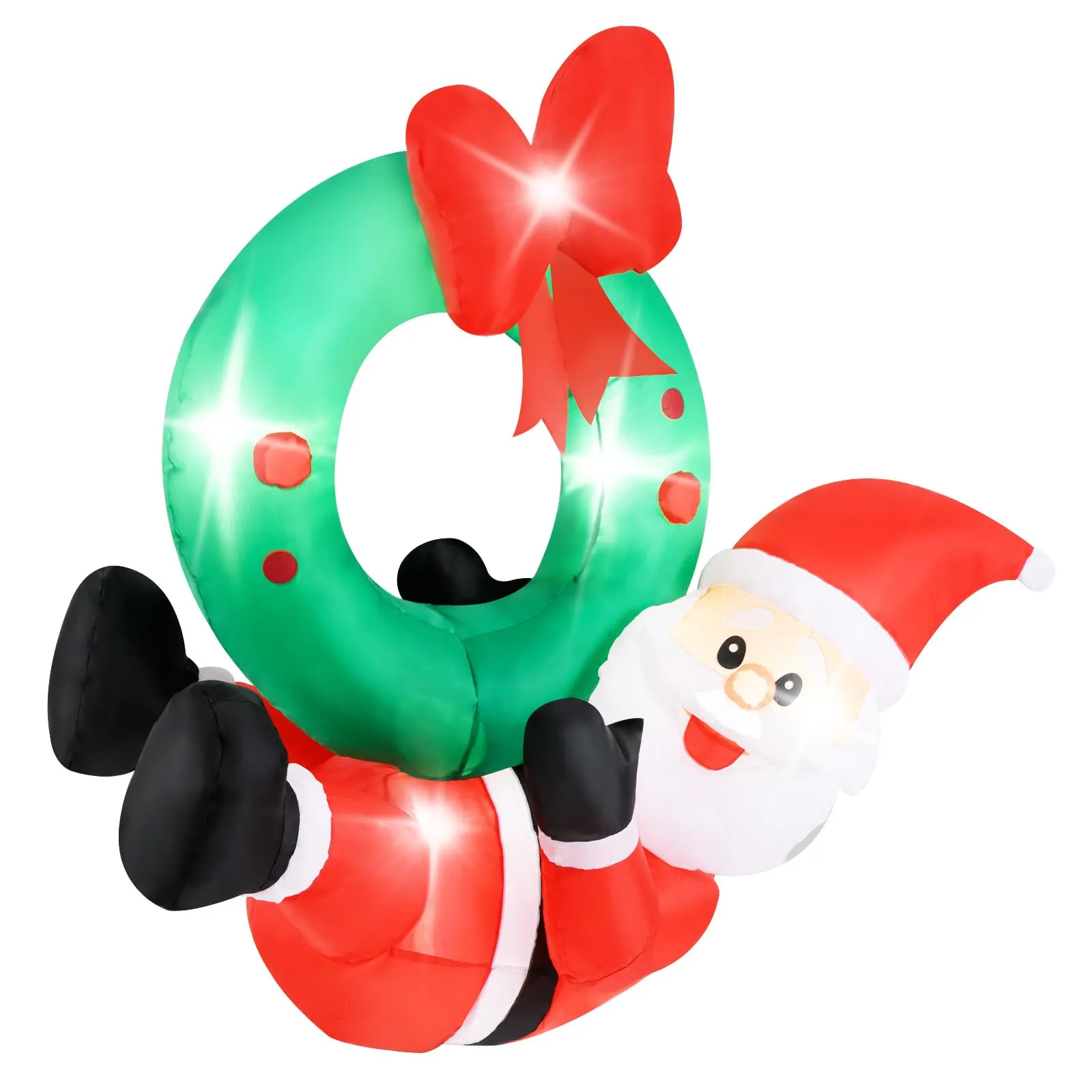 Tangkula 4 FT Inflatable Hanging Santa Claus Wreath, Christmas Pre-Lit Santa & Wreath with Red Bow & 5 LED Lights